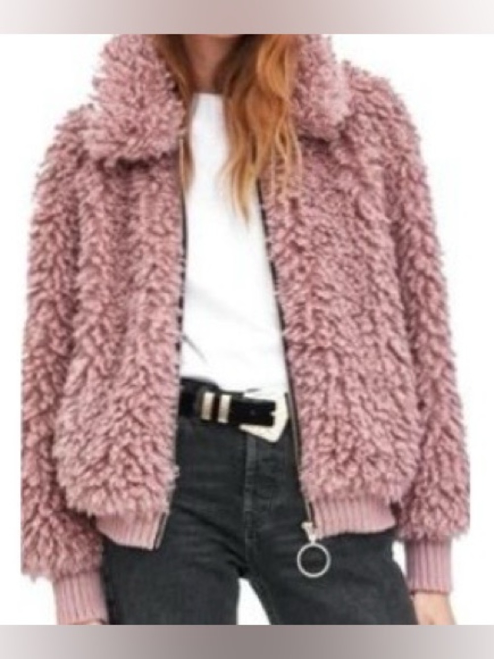 Zara | Women's Mauve Pink Blush Zip Front Teddy Jacket Fokd Down Collar Size L
